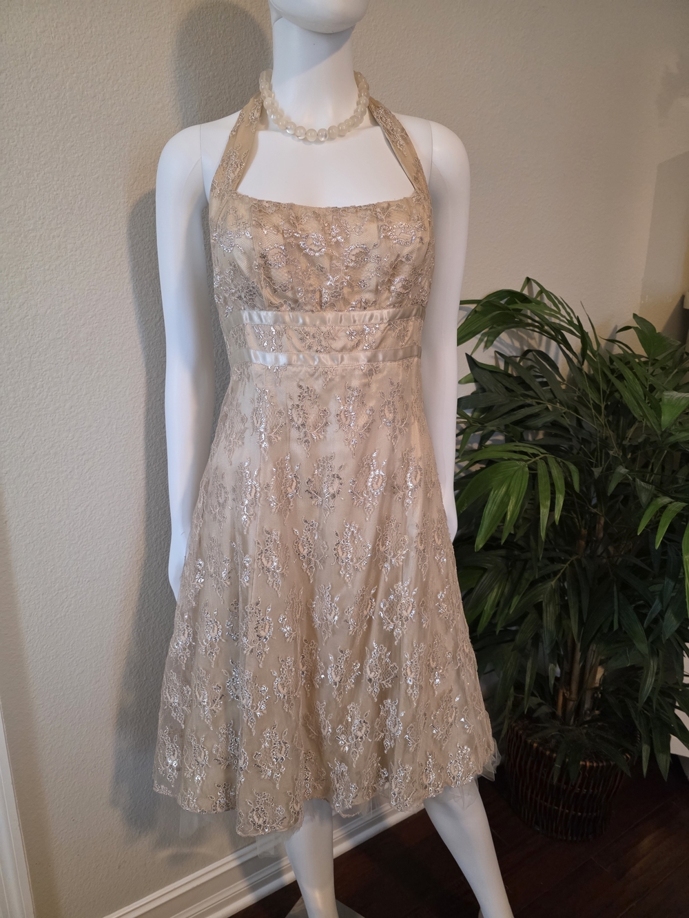 Zum Zum by Niki Livas Champagne & Silver Lace Halter Midi Dress